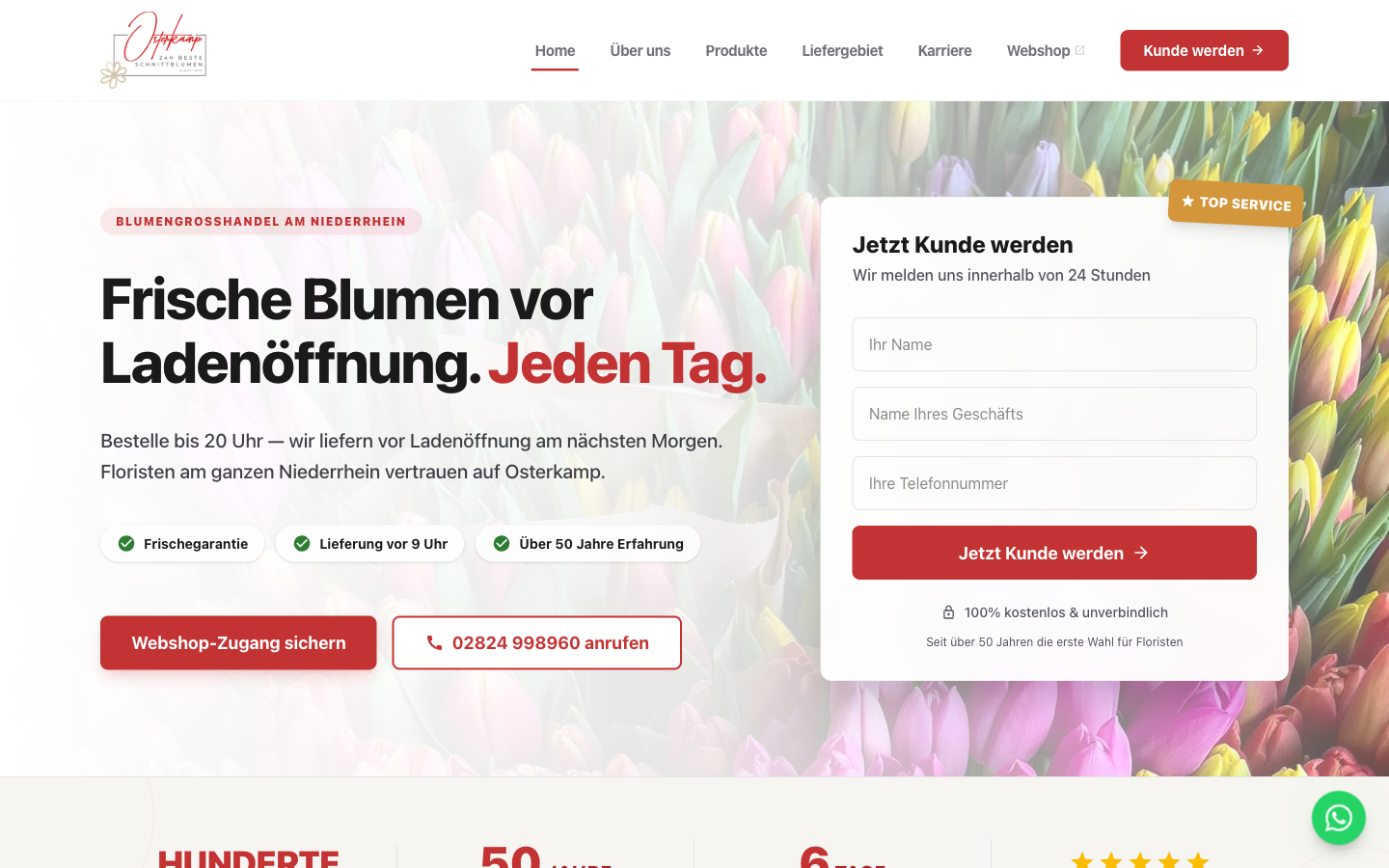 Startseite von blumen-osterkamp.de: Hero mit Tulpen, Claim „Frische Blumen vor Ladenöffnung“ und Registrierungsformular für neue Kunden.